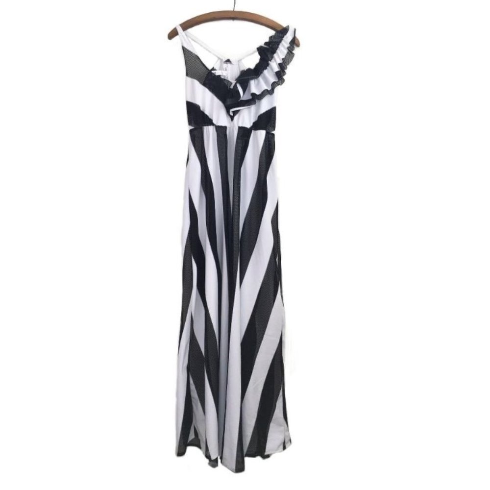 One-Shoulder Black & White Striped Maxi Dress
